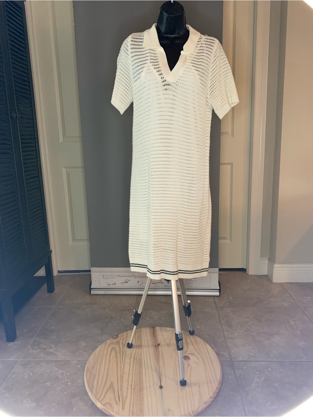 bobeau Cream Knit Polo Dress with Black Trim